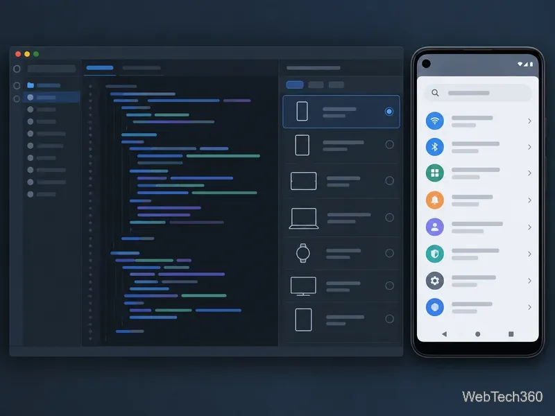 Un spațiu de lucru pentru dezvoltatori cu un selector de dispozitive și un ecran virtual de setări Android