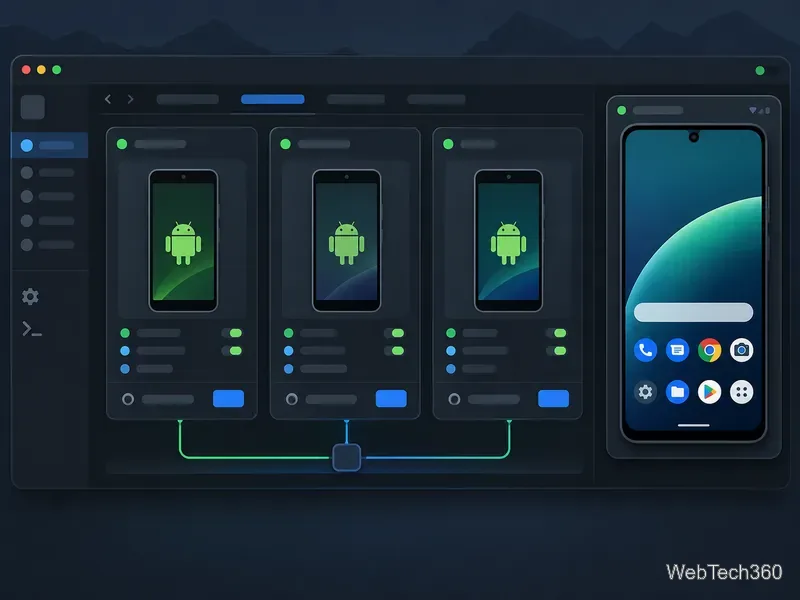Trei instanțe Android grupate într-un tablou de bord al unui container Linux, lângă un afișaj virtual Android