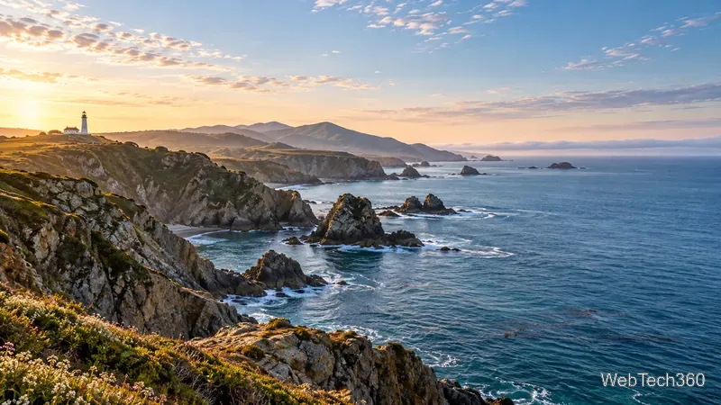 A panoramic rocky coastline with a lighthouse on the left beneath a pale morning sky