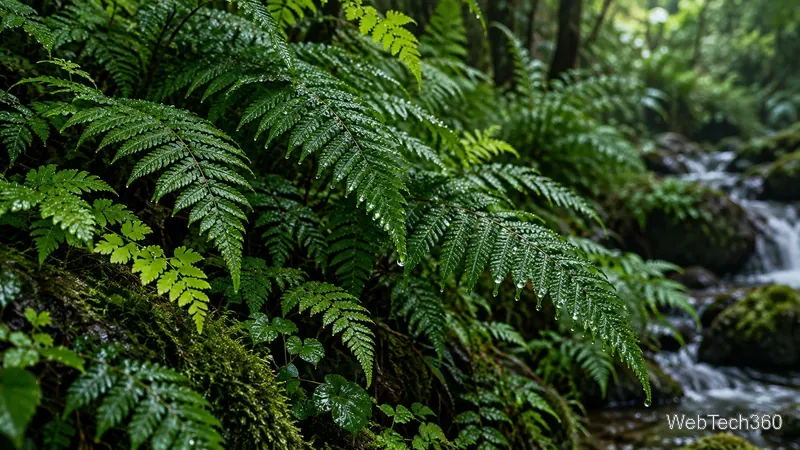 Dew-covered green fern leaves beside a shaded forest stream