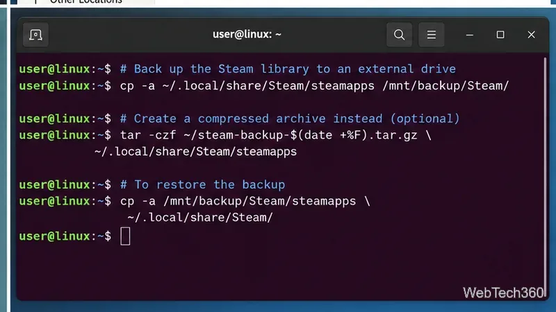 Steamのsteamappsをコピーし、tar.gzアーカイブを作成し、復元するコマンドを表示するLinuxターミナル