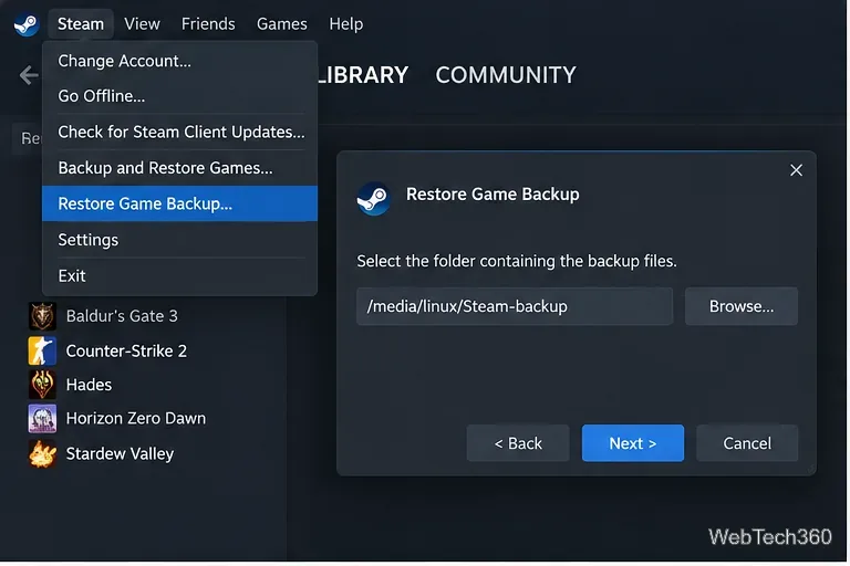 Linux上のSteam復元ゲームバックアップウィンドウで、バックアップフォルダが選択されている。