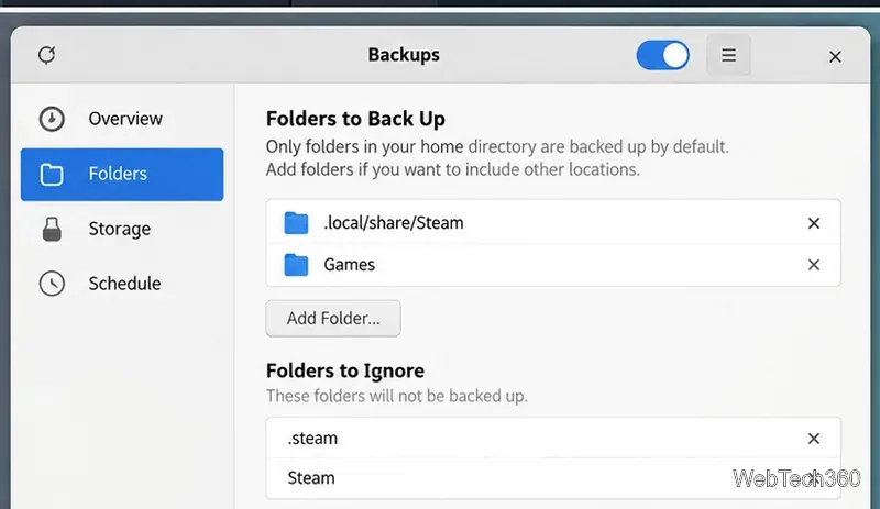 GNOMEバックアップフォルダの設定で、Steamに関連する含めるフォルダと無視するフォルダが表示されます。