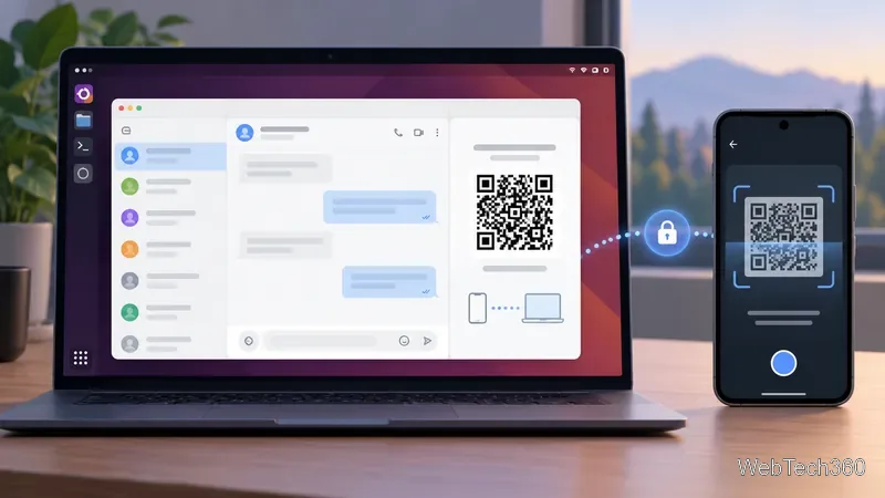Illustrative Linux laptop and phone pairing through a QR code in a generic messaging app
