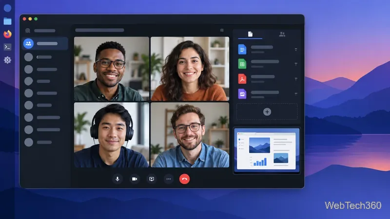 Illustrative Linux collaboration window with a group video call, file list, and screen-sharing preview