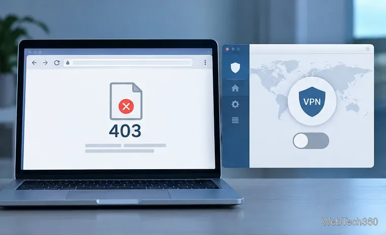 Un ordinateur portable affichant une page 403 à côté d'une commande VPN désactivée.