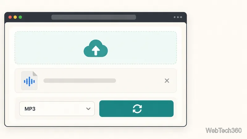 Layout de conversor de áudio para navegador com área de upload, seletor de saída MP3 e controle de conversão.