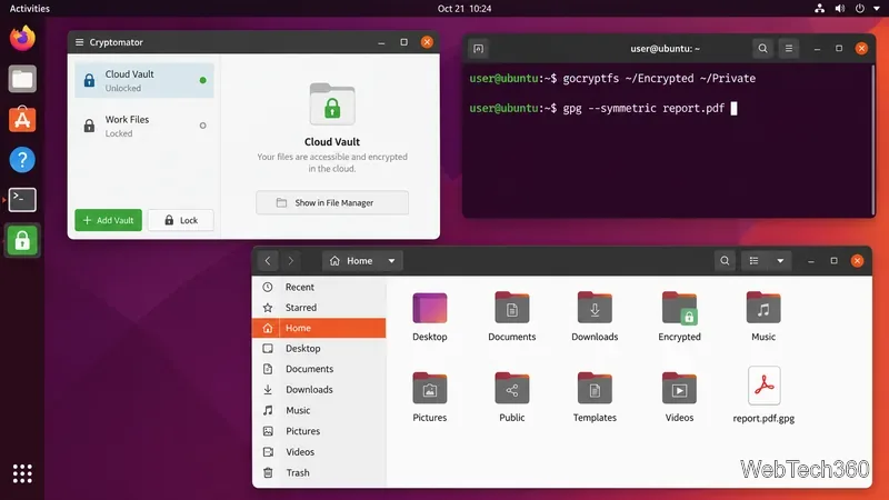 Linux desktop showing a Cryptomator vault, gocryptfs and GnuPG commands, and an encrypted file