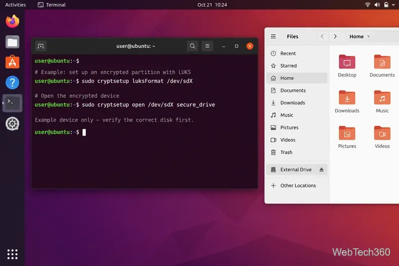 Linux terminal showing example cryptsetup LUKS commands beside an external drive in the file manager