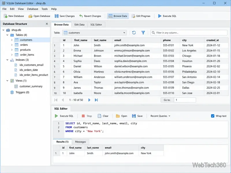 Editor di database desktop in stile SQLite che mostra tabelle, record dei clienti, una query SQL e i risultati della query.