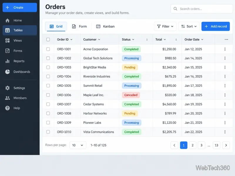 Database senza codice basato su browser che mostra una griglia degli ordini con viste, moduli, filtri, ordinamento, stati e paginazione.