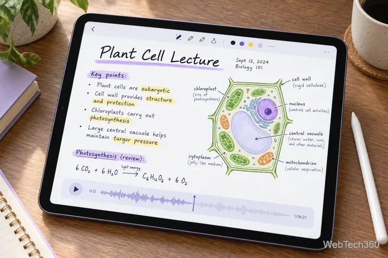 iPadには、手書きの植物細胞に関する講義ノート、強調表示されたポイント、ラベル付きの図、および音声再生のタイムラインが表示されている。