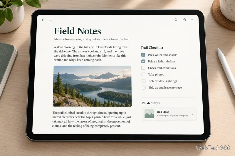 「フィールドノート」というタイトルのiPadドキュメント。段落、埋め込まれた風景写真、チェックリスト、および関連するメモカードが含まれています。
