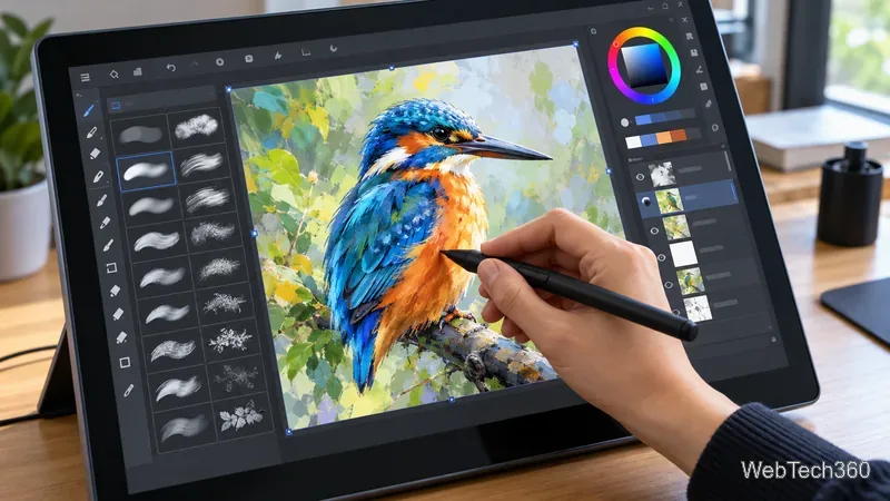 ศิลปินกำลังวาดนกกระเต็นสีสันสดใสด้วยปากกาสไตลัสในอินเทอร์เฟซศิลปะดิจิทัลที่แสดงให้เห็นถึงแปรง สี และเลเยอร์ต่างๆ
