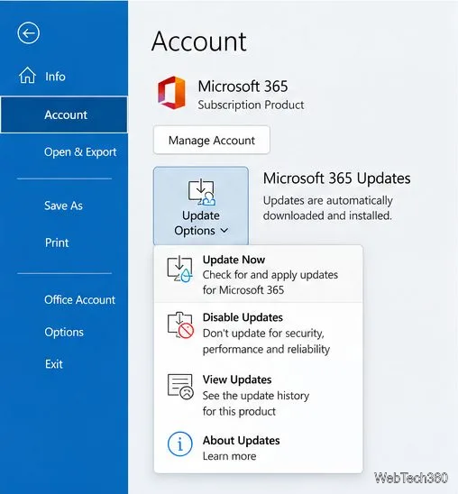 Классическая страница учетной записи Outlook с видимым меню «Параметры обновления» и командой «Обновить сейчас».