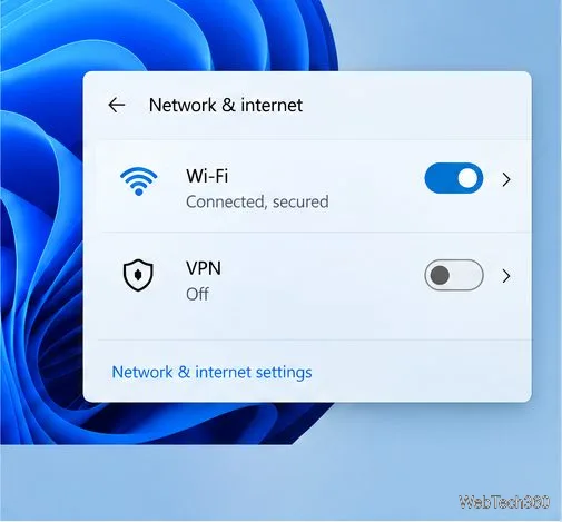 В сетевых настройках Windows отображается сообщение о подключении Wi-Fi и отключении VPN.