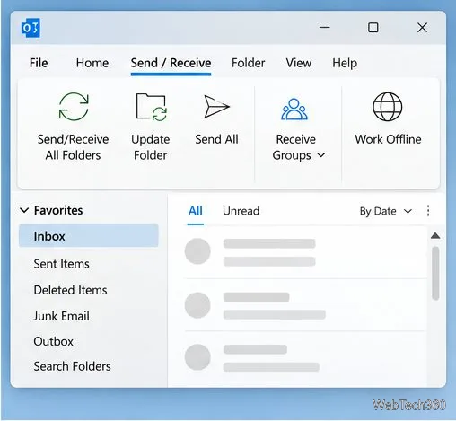 Классический Outlook с открытой вкладкой «Отправка и получение» и видимым элементом управления «Работа в автономном режиме».