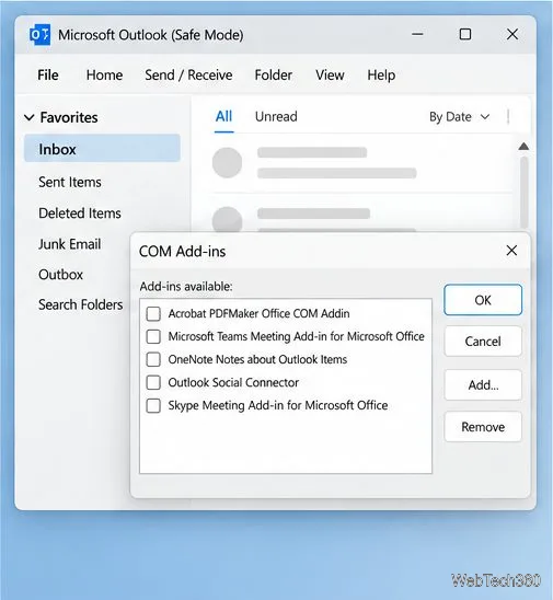 В безопасном режиме Outlook с открытым списком надстроек COM и видимыми флажками надстроек.