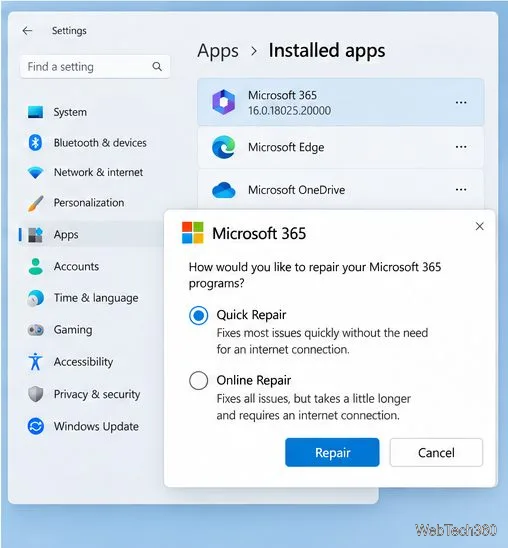 Диалоговое окно восстановления установленных приложений Windows для Microsoft 365 с опциями «Быстрое восстановление» и «Онлайн-восстановление».