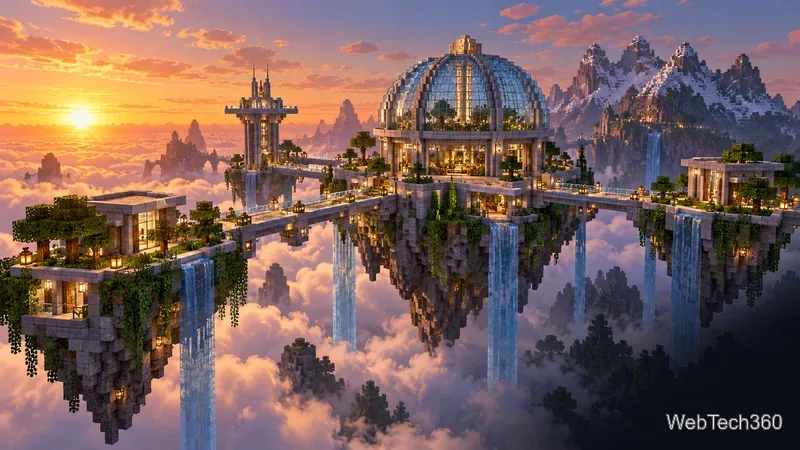一個漂浮在雲端的Minecraft空中基地,設有玻璃觀景台、連接的平台、橋樑和瀑布。