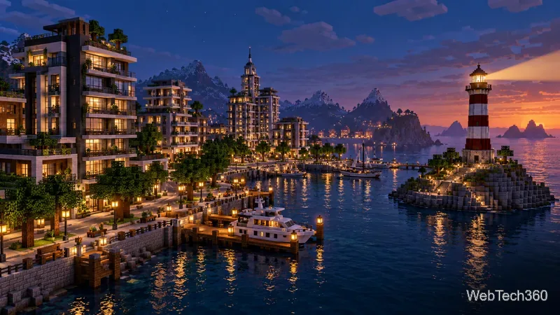 黃昏時分,Minecraft 中的沿海城市和港口,燈火通明的濱水建築和岩石島上矗立著一座條紋燈塔。