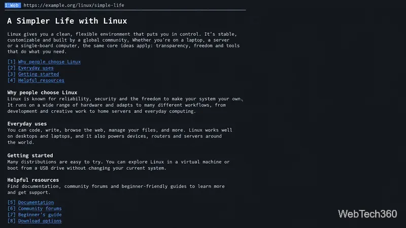 Navigateur de type terminal Linux affichant un article texte avec des liens bleus