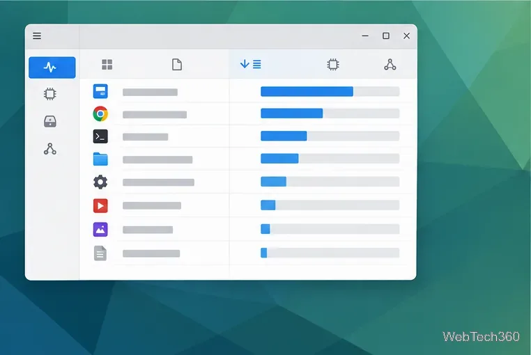 Illustrative Linux process monitor with a memory-sorted list and relative usage bars.