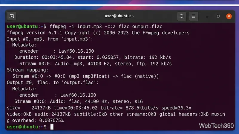 LinuxターミナルでFFmpegコマンドを実行してMP3ファイルをFLACに変換する