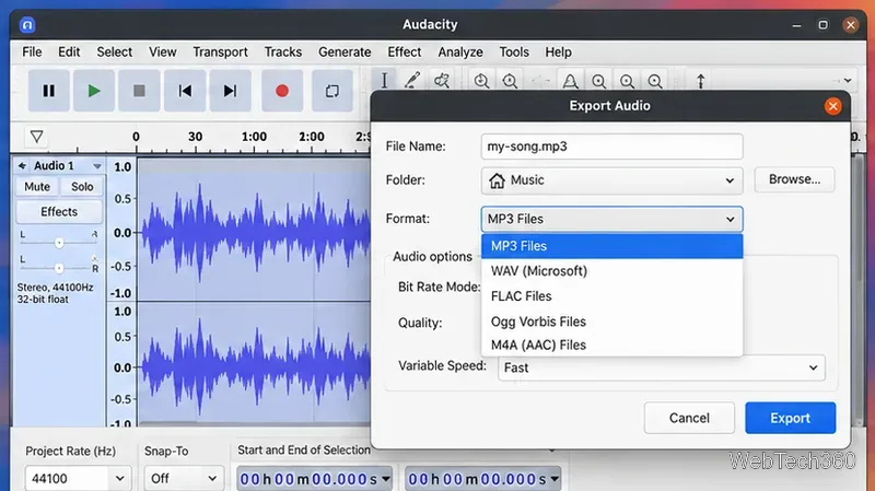 LinuxでAudacityを使って音声ダイアログをMP3、WAV、FLAC、Ogg Vorbis、M4A形式でエクスポートする