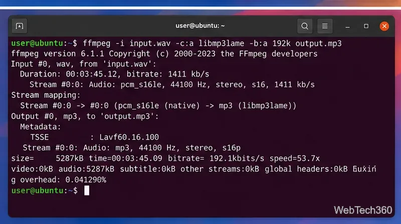 LinuxターミナルでFFmpegコマンドを実行してWAVファイルをMP3に変換する。