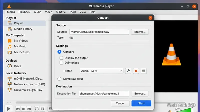 Linux上のVLC Convertウィンドウで、オーディオMP3プロファイルと保存先ファイルが選択された状態。
