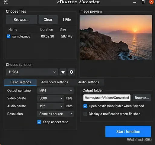 Shutter Encoder unter Linux zeigt MP4-Ausgabe, Bitrate, Auflösung und Zielordner-Einstellungen an