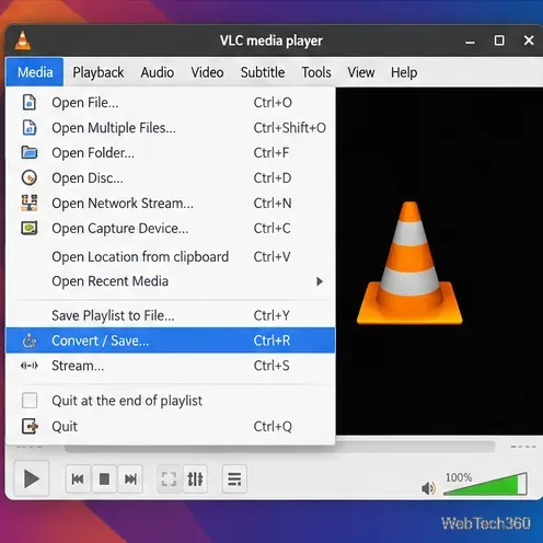 VLC unter Linux mit geöffnetem Medienmenü und der Option „Konvertieren/Speichern“ ist ausgewählt