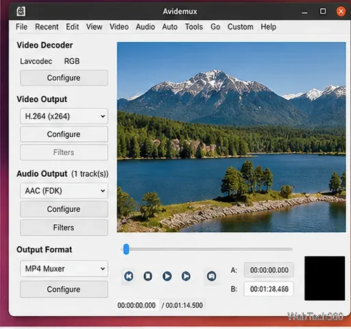 Avidemux unter Linux mit H.264-Videocodierung, AAC-Audio und MP4-Muxer ausgewählt