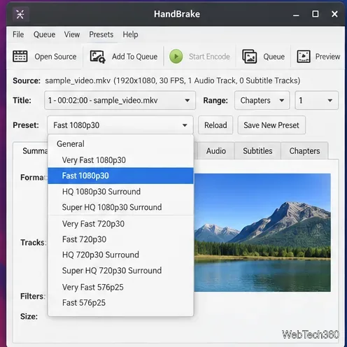 HandBrake-Voreinstellungsmenü unter Linux mit ausgewählter Auflösung „Fast 1080p30“.