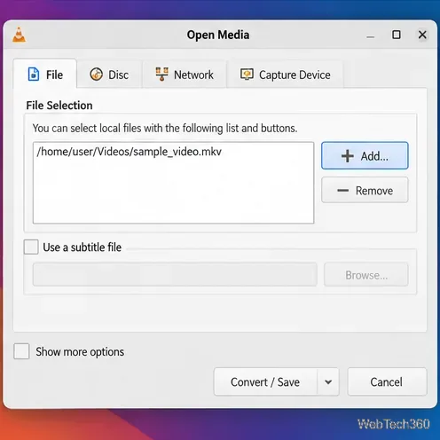 VLC-Mediendialog unter Linux mit einer ausgewählten lokalen MKV-Datei