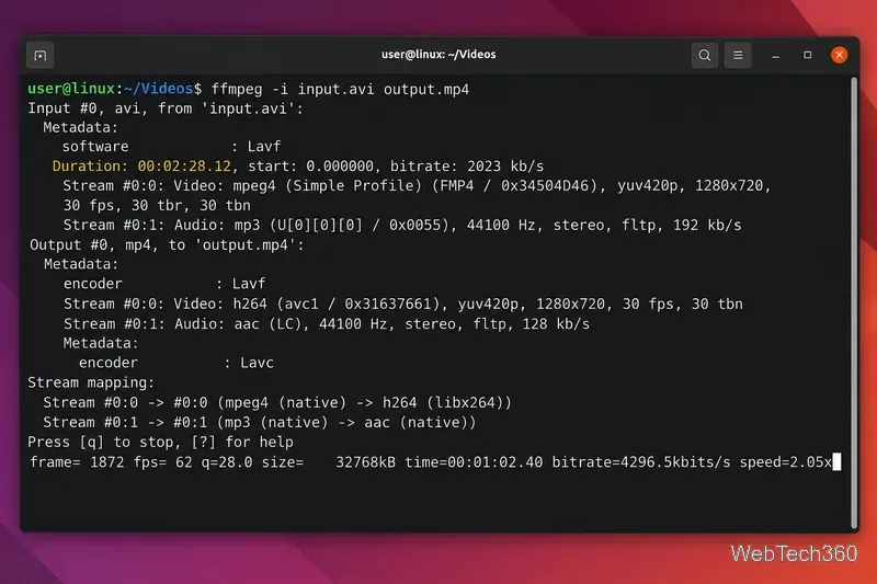 Linux-Terminal, das einen FFmpeg-Befehl ausführt, der AVI-Eingabevideos in MP4-Ausgabevideos konvertiert.