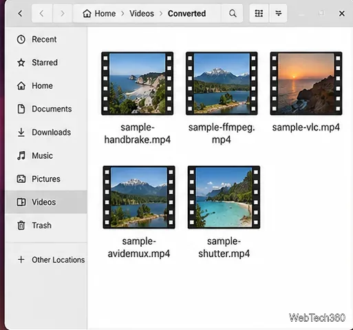 Das Linux-Dateienfenster zeigt fünf konvertierte MP4-Videodateien an, die mit verschiedenen Konvertierungstools erstellt wurden.