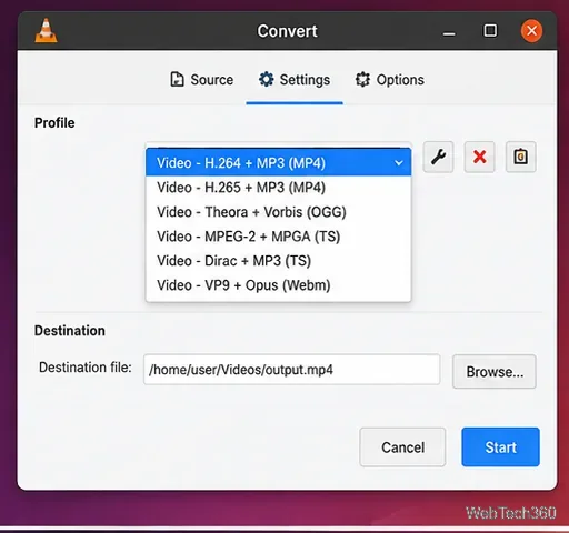 VLC-Konvertierungsdialog mit Anzeige eines MP4-H.264-Konvertierungsprofils und des Zielpfads