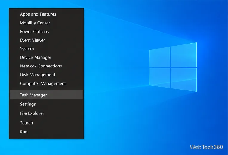 Meniul Link rapid din Windows 10 cu Managerul de activități evidențiat.