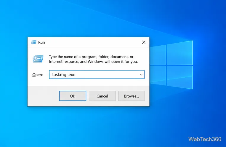 Caseta de dialog Executare Windows 10 cu taskmgr.exe introdusă în câmpul Deschidere.