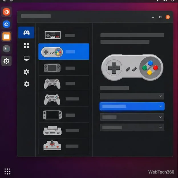 A Linux emulation frontend shows a highlighted console option beside a gamepad diagram