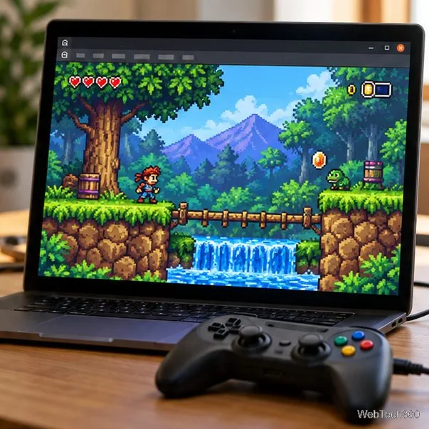 A Linux laptop displays a generic 16-bit game inside a standalone emulator window, with a controller beside it