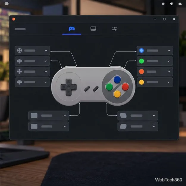 A controller configuration window connects directional and face-button controls to a gamepad diagram