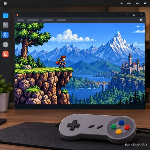 A Linux desktop shows a generic 16-bit game in an emulator window with a controller in front of the monitor