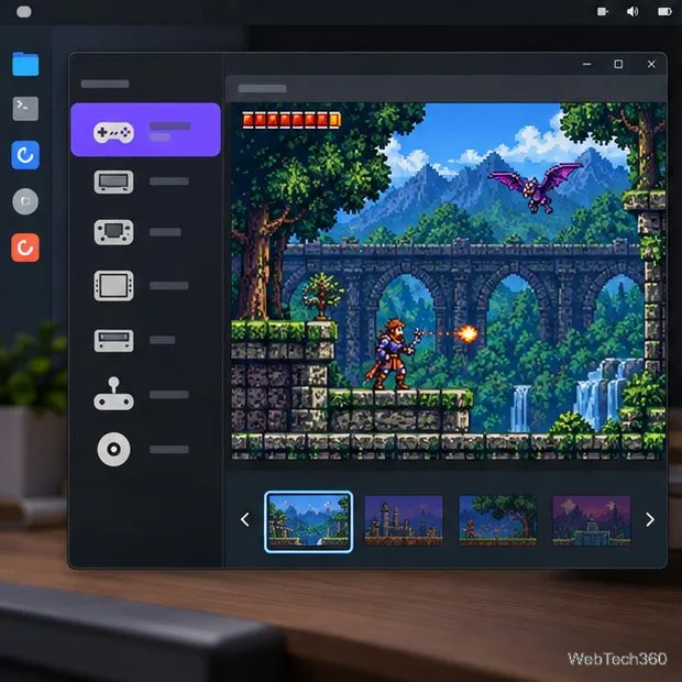 A Linux emulator window displays a generic pixel-art game with a sidebar of console icons