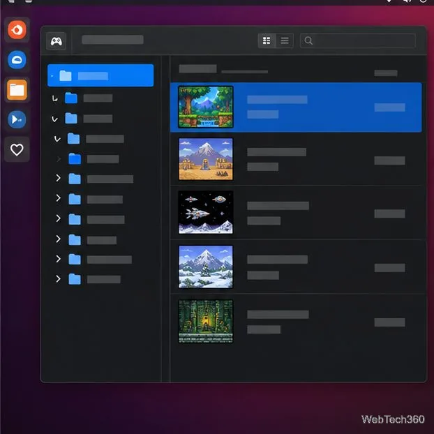 A Linux emulator content browser shows a folder tree and a list of game thumbnails