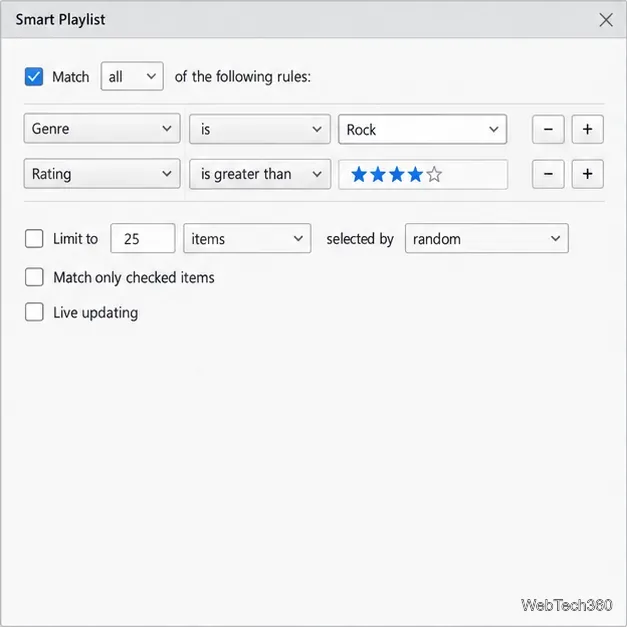 Smart Playlist editor with two matching rules and the Live updating checkbox turned off.