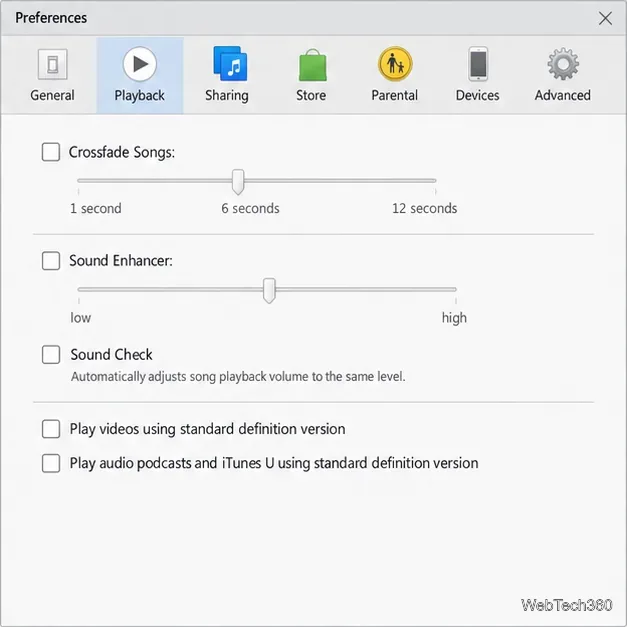 iTunes Playback preferences showing Crossfade Songs, Sound Enhancer, and Sound Check controls turned off.