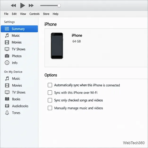 Legacy iTunes iPhone Summary pane with the automatic sync option unchecked.